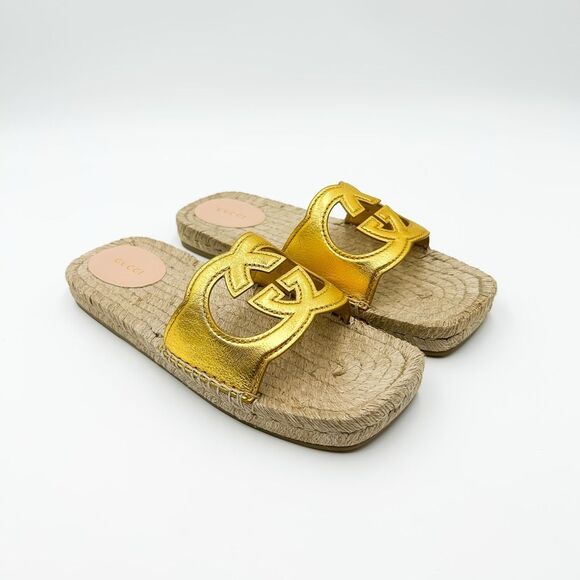 Gucci InterlockingGG Gold Leather Espadrille Sandals Slides Cutout Size 40, US 1 - Picture 2 of 13